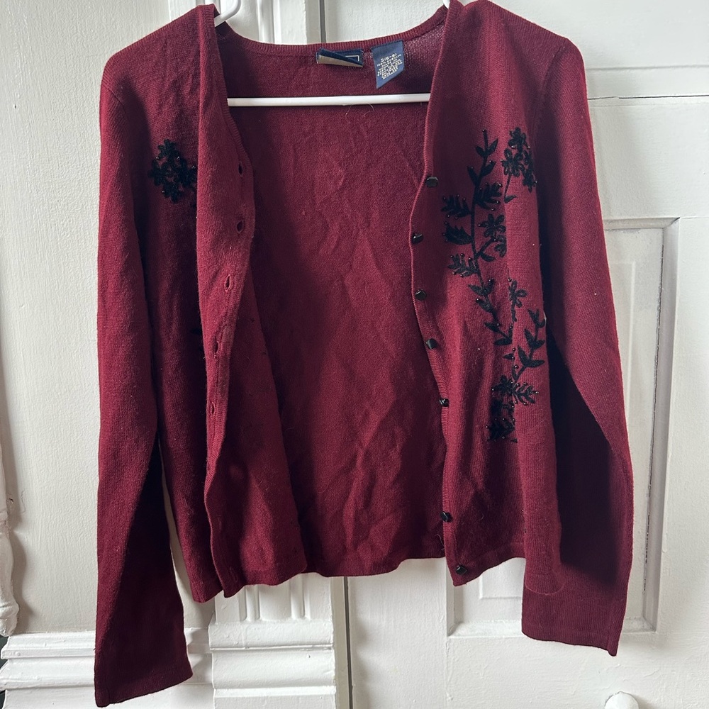 Laura Scott Burgundy Cardigan with Black Bead Floral Embroidery